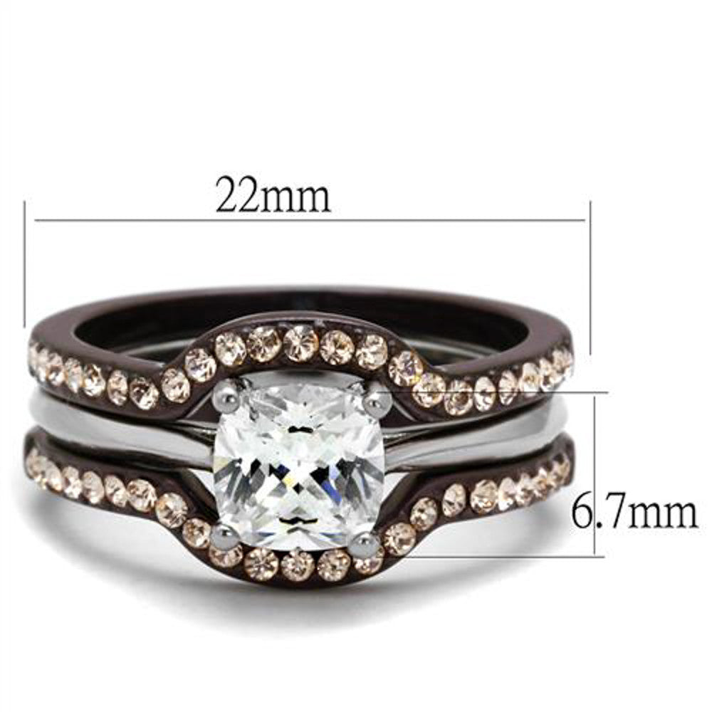 ARTK1343PC Stainless Steel 1.85 Ct Cushion Cut CZ Brown Wedding Ring Set Women's Size 5-10